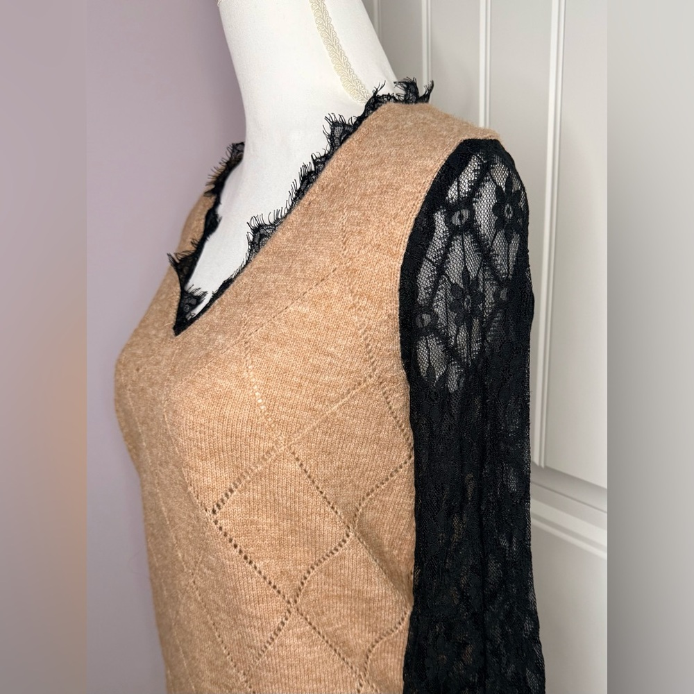 Elegant Tan and Black Women's Sweater with Lace Sleeves